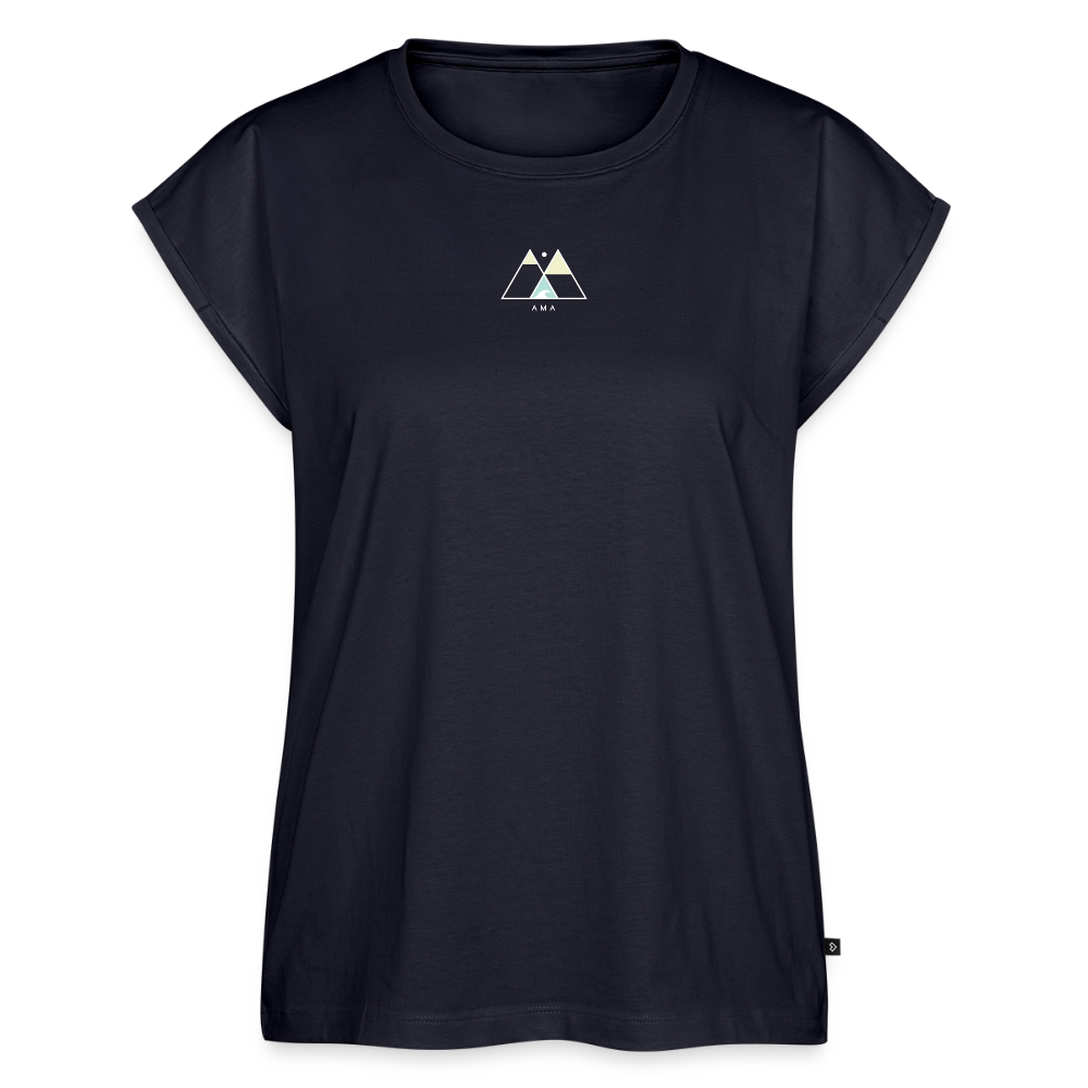 Ohana Surf Art Shirt, Coastal Fine Art Apparel, Hawaiian Surf Art, Ocean Art, Gift for Surfer, Frauen T-Shirt mit gerollten Ärmeln - navy