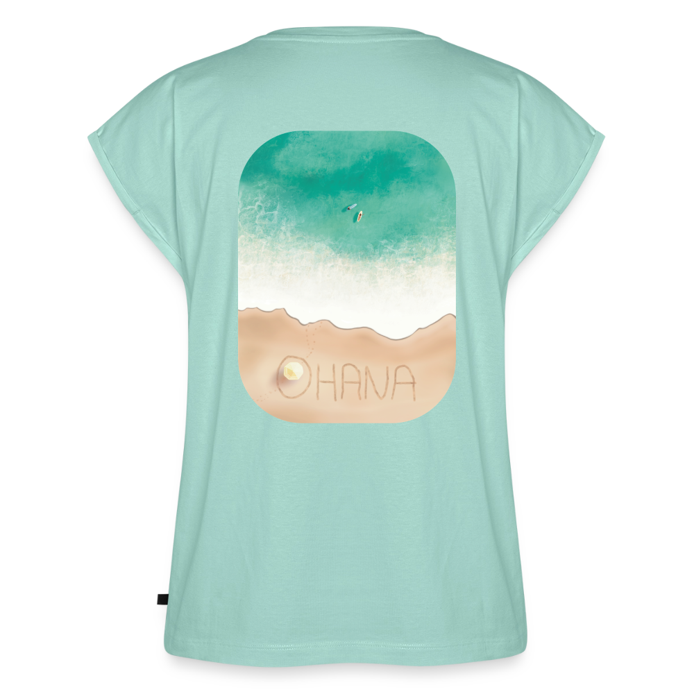 Ohana Surf Art Shirt, Coastal Fine Art Apparel, Hawaiian Surf Art, Ocean Art, Gift for Surfer, Frauen T-Shirt mit gerollten Ärmeln - mint 