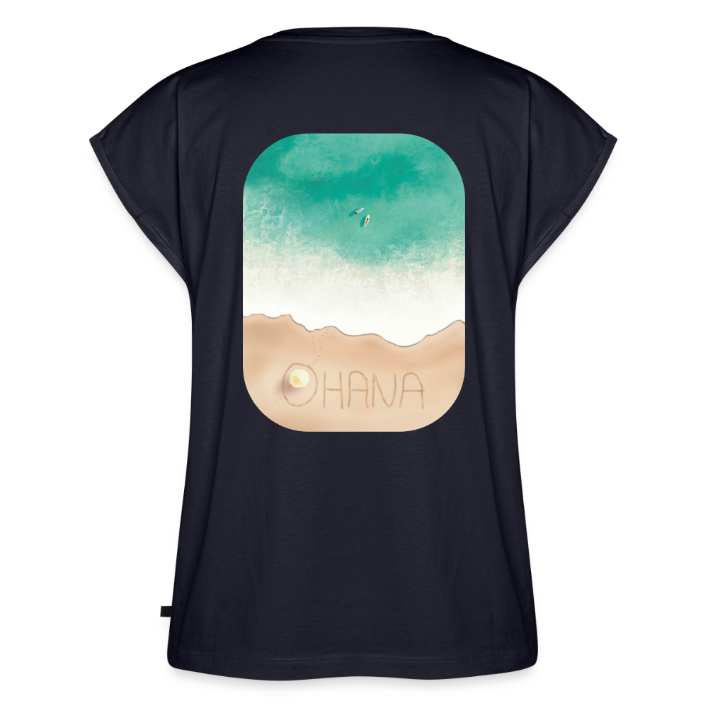 Ohana Surf Art Shirt, Coastal Fine Art Apparel, Hawaiian Surf Art, Ocean Art, Gift for Surfer, Frauen T-Shirt mit gerollten Ärmeln - navy