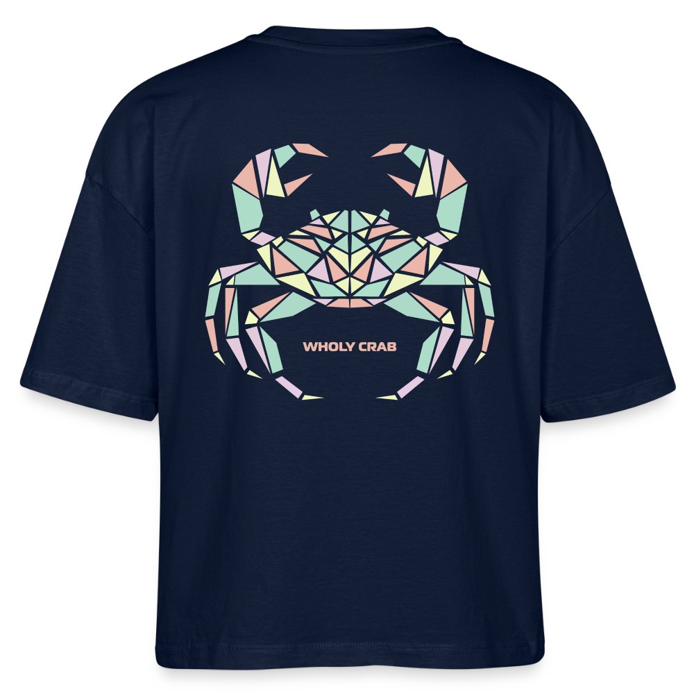 Origami Cancer Zodiac T-Shirt | Wholy Crab Backprint Tee | Astrology Gift for Her | Maritime Aesthetic Clothing | Cute Cancer Sign Shirt, Stanley/Stella Frauen Boxy Bio-T-Shirt Nova - navy