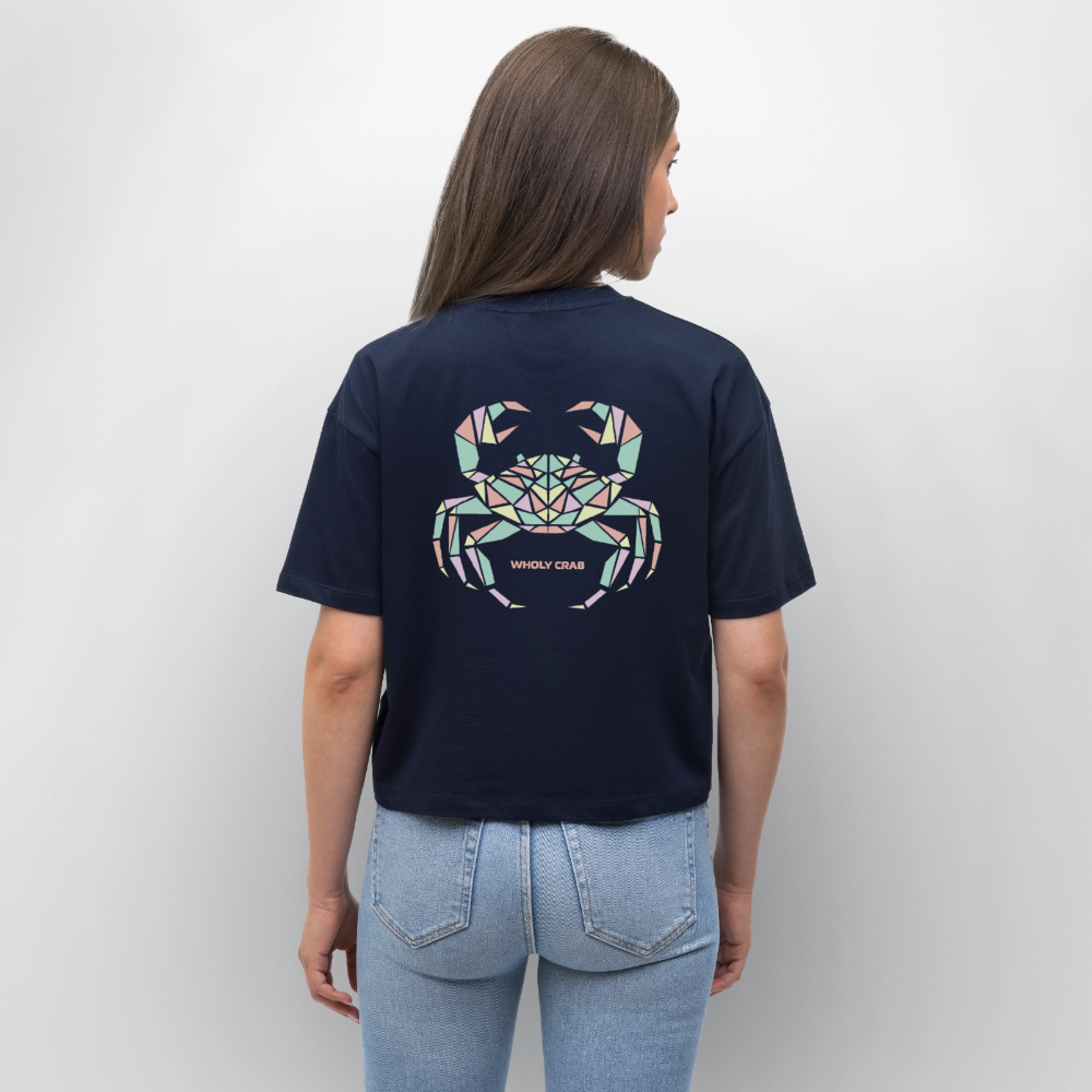 Origami Cancer Zodiac T-Shirt | Wholy Crab Backprint Tee | Astrology Gift for Her | Maritime Aesthetic Clothing | Cute Cancer Sign Shirt, Stanley/Stella Frauen Boxy Bio-T-Shirt Nova - navy