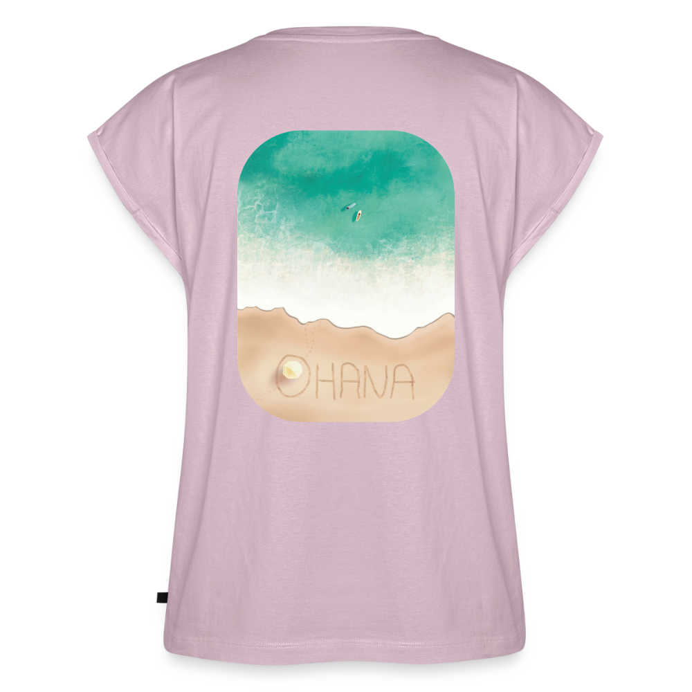 Ohana Surf Art Shirt, Coastal Fine Art Apparel, Hawaiian Surf Art, Ocean Art, Gift for Surfer, Frauen T-Shirt mit gerollten Ärmeln - dusky pink