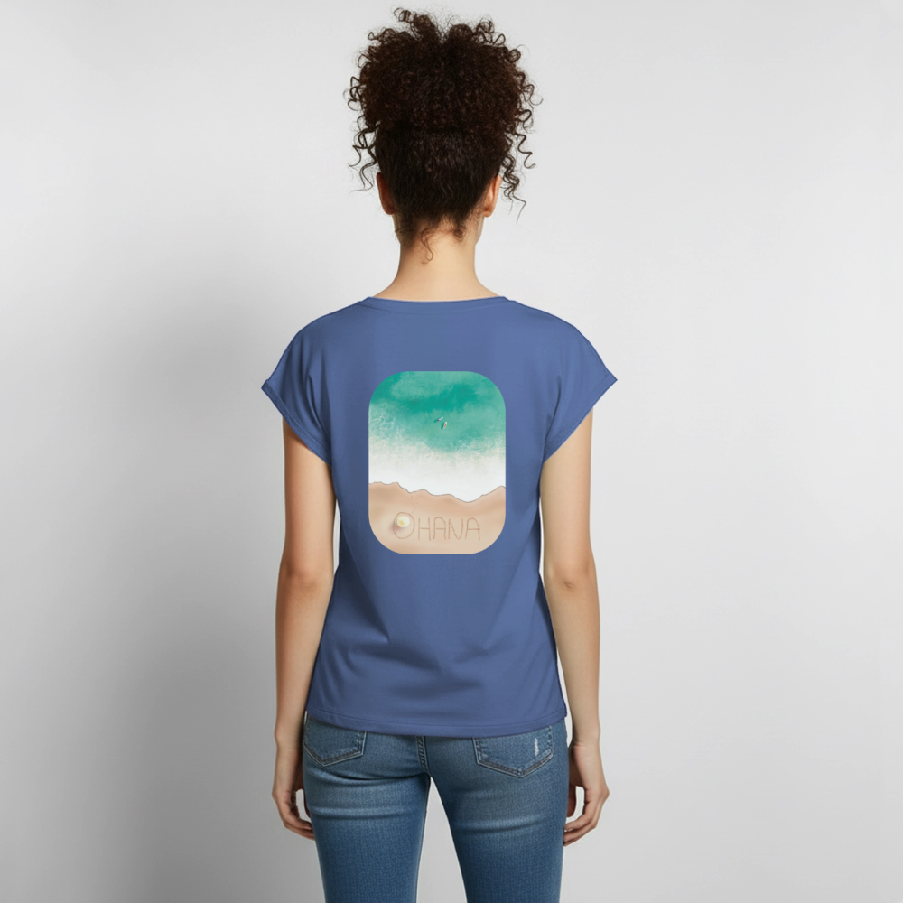 Ohana Surf Art Shirt, Coastal Fine Art Apparel, Hawaiian Surf Art, Ocean Art, Gift for Surfer, Frauen T-Shirt mit gerollten Ärmeln - stone blue