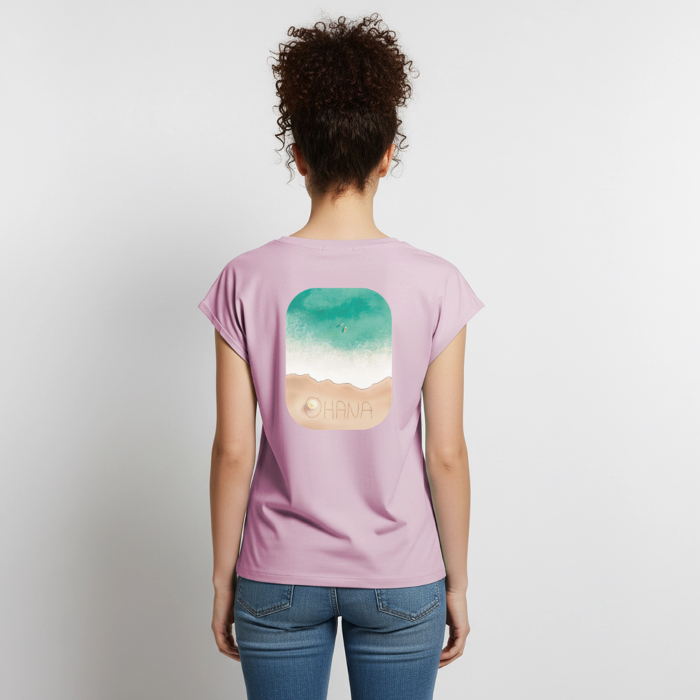 Ohana Surf Art Shirt, Coastal Fine Art Apparel, Hawaiian Surf Art, Ocean Art, Gift for Surfer, Frauen T-Shirt mit gerollten Ärmeln - dusky pink