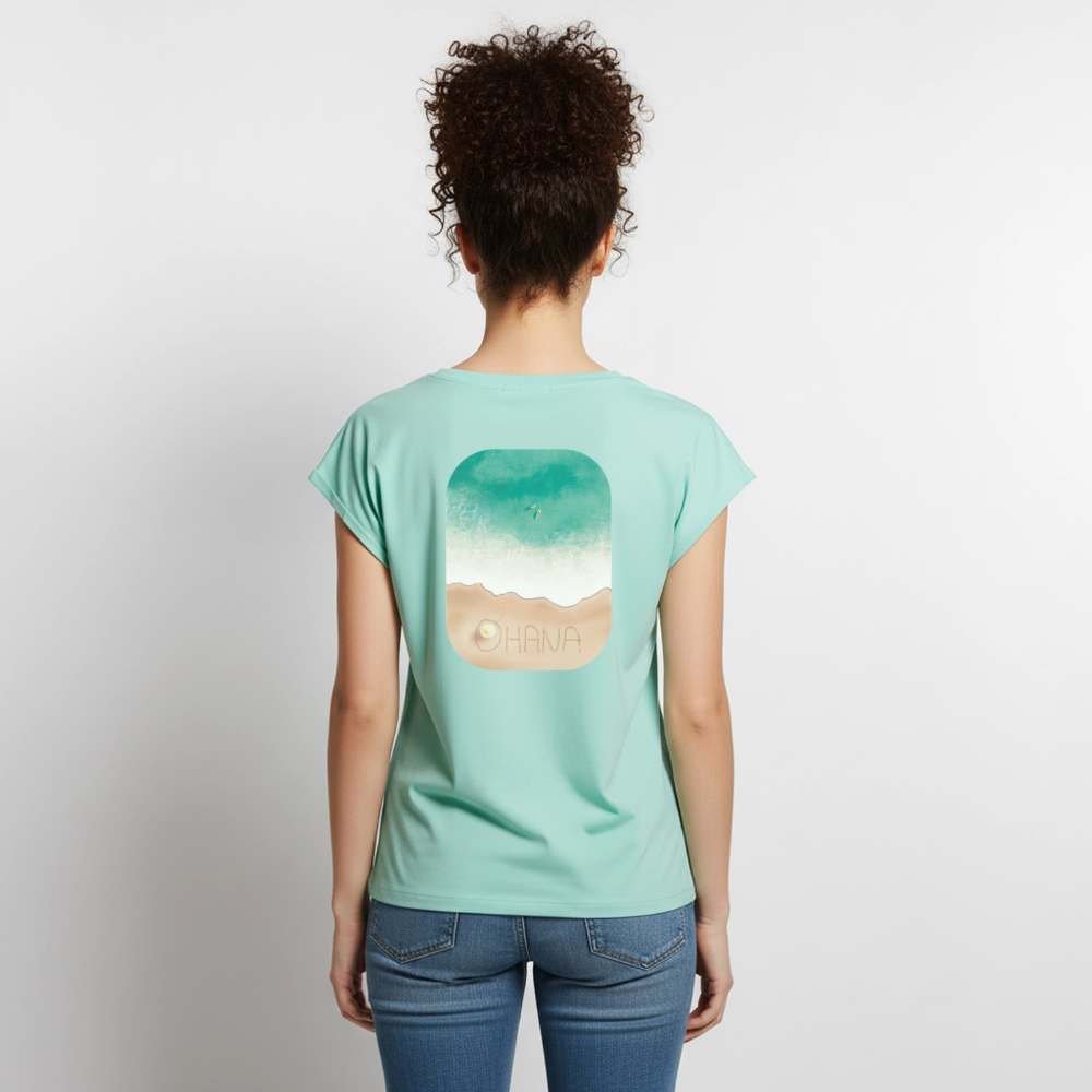 Ohana Surf Art Shirt, Coastal Fine Art Apparel, Hawaiian Surf Art, Ocean Art, Gift for Surfer, Frauen T-Shirt mit gerollten Ärmeln - mint 