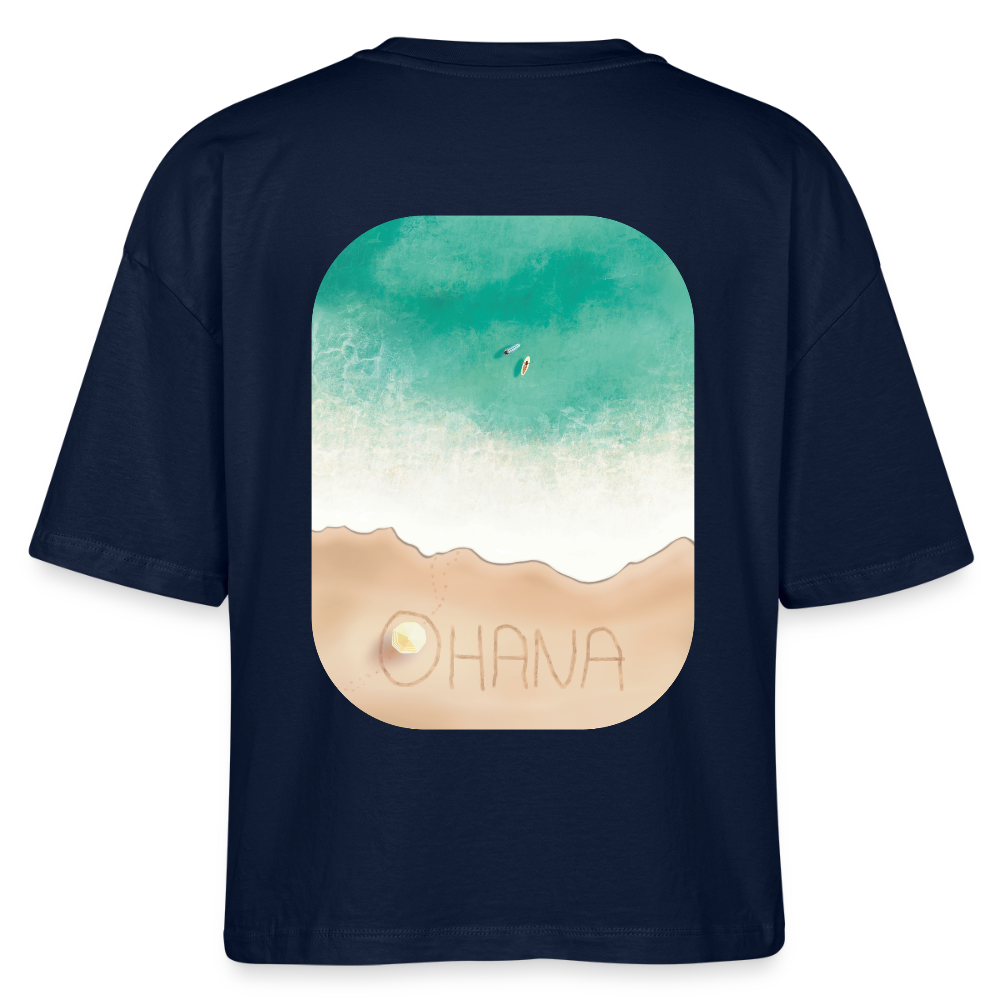 Ohana Surf Art Shirt, Coastal Fine Art Apparel, Hawaiian Surf Art, Ocean Art, Gift for Surfer, Stanley/Stella Frauen Boxy Bio-T-Shirt Nova - navy