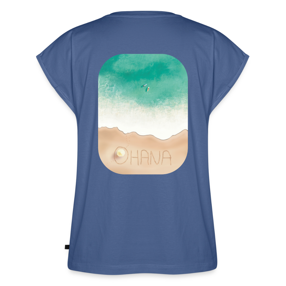 Ohana Surf Art Shirt, Coastal Fine Art Apparel, Hawaiian Surf Art, Ocean Art, Gift for Surfer, Frauen T-Shirt mit gerollten Ärmeln - stone blue