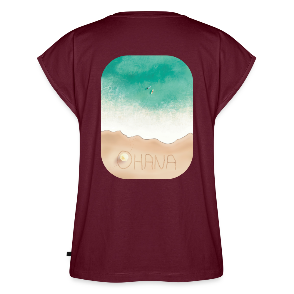 Ohana Surf Art Shirt, Coastal Fine Art Apparel, Hawaiian Surf Art, Ocean Art, Gift for Surfer, Frauen T-Shirt mit gerollten Ärmeln - burgundy